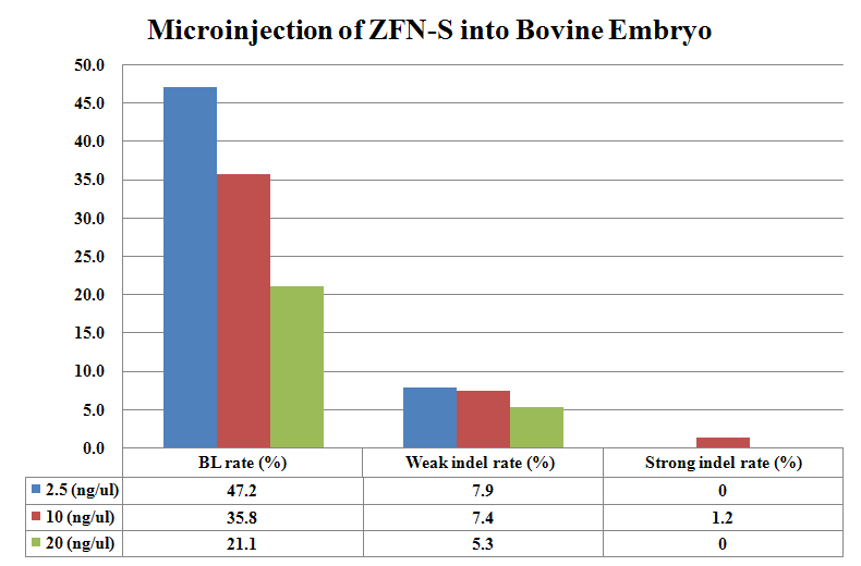 ZFN-S DNA 농도에 따른 배반포 발달율 (BL rate), 약한 혼합 프로필율 (Weak indel rate), 그리고 강한 혼합 프로필율 (Strong indel rate) 비교 분석