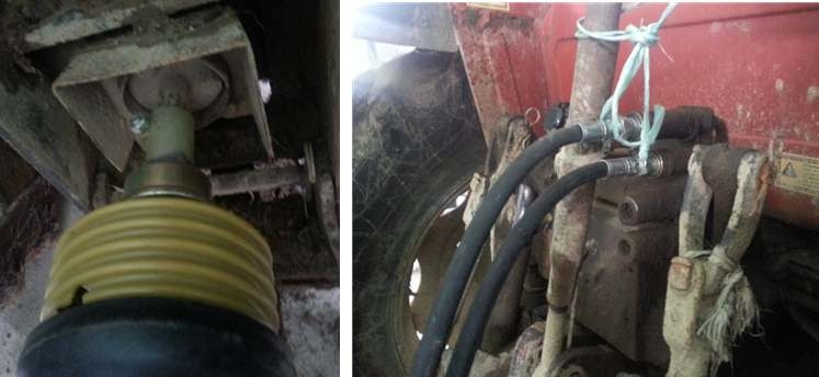 PTO (left) and hydraulic (right) link between tractor and the prototype.