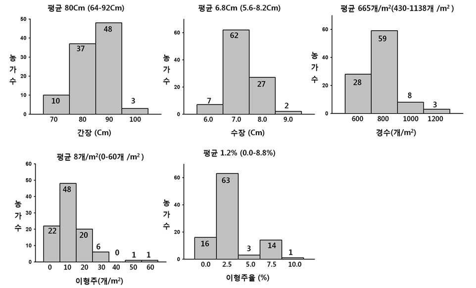 전남 지역별 밀 재배 농가 간장, 수장, 경수와 이형주율 분포