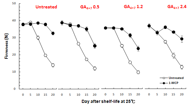 GA4+7농도별 도포처리 ‘한아름’ 배의 1-MCP 처리에 따른 경도 변화