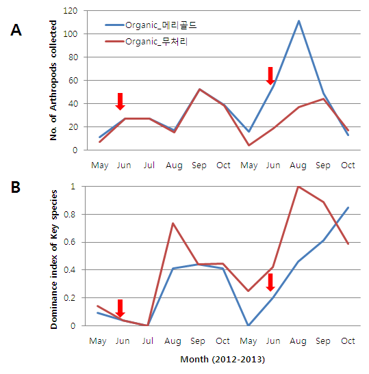 Densities (A) and Dominance indices (B) of key species group in the merigold treated plots and the non-treated plots in organic soybean farm field (2012-2013).