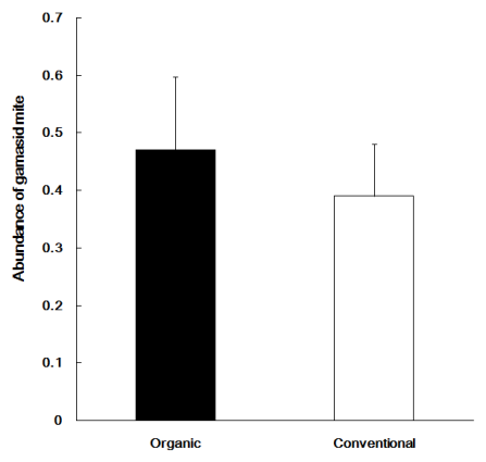 Total abundance of gamasid mite in organic and conventional apple orchards at 2011 to 2013.