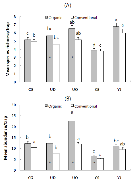 M ean species richness(A ) and abundance(B) of arthropods collected from yellow-pan trap in organic and conventional apple orchards at different study locations from 2011 to 2013. M ean followed by the same letter are not significantly different among the study locations(A NOVA , P< 0.05) and * indicates the difference between orchards(Paired t-test, P< 0.05). CG: Chilgok, UD: Uiseong Dain, UO: Uiseong Oksan, CS: Cheongsong, Y J: Y eongju.