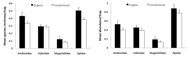 M ean species richness(A ) and abundance(B) of Hymenoptera groups in organic and conventional apple orchards.