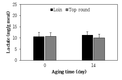 Change of lactate content in loin and top round from Hanwoo (Korean cattle) beef during aging at 2℃ for 14 days.