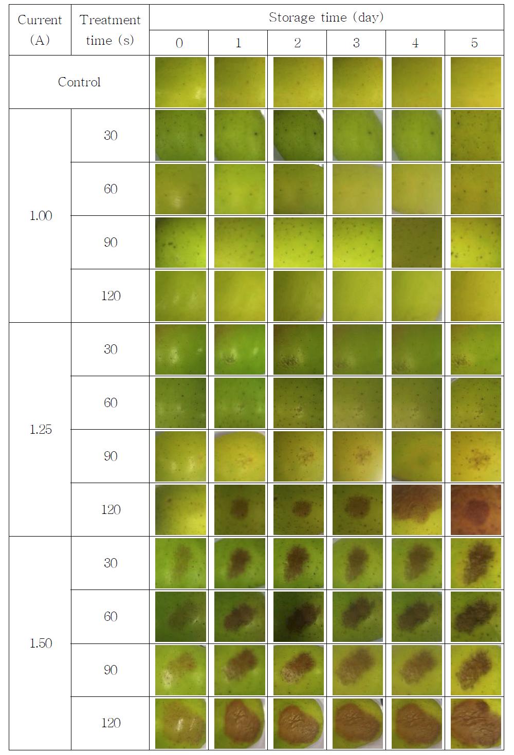 Appearance of apple treated by CDPJ with 15 ㎜ span length and its changes during storage.