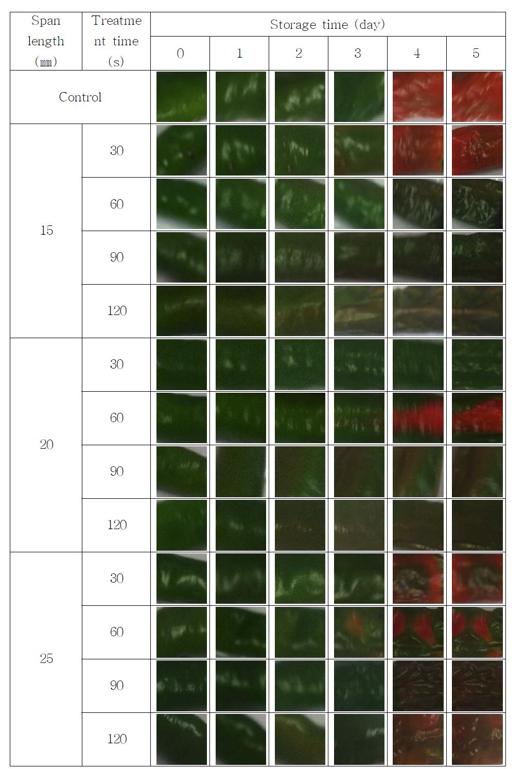 Appearance of green pepper treated by CDPJ with 1.5 A and at different span length and its changes during storage.