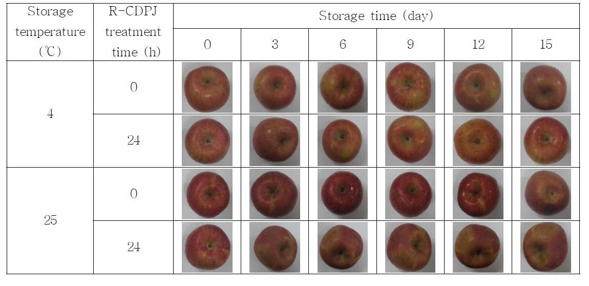 Changes in appearance of R-CDPJ treated apple during storage at different temperature.