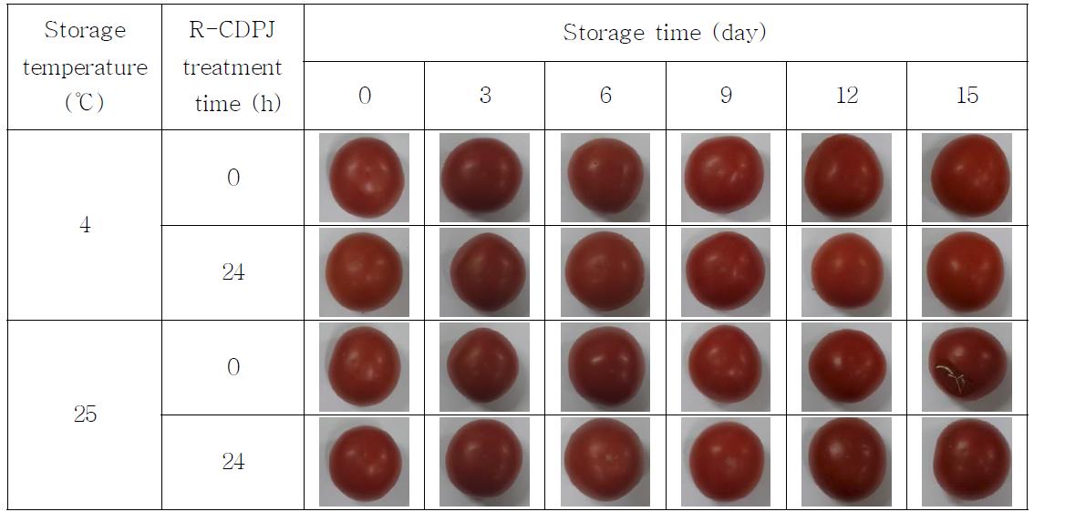 Changes in appearance of R-CDPJ treated cherry tomato during storage at different temperature.