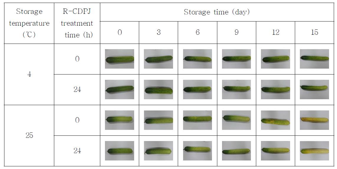 Changes in appearance of R-CDPJ treated cucumber during storage at different temperature.