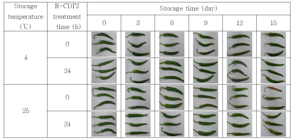 Changes in appearance of R-CDPJ treated green pepper during storage at different temperature.