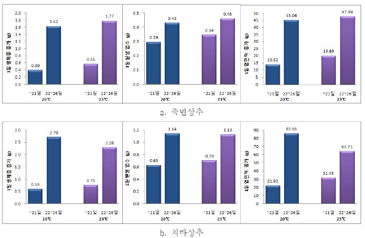 처리온도에 따른 상추의 재배기간별 1일 생장량