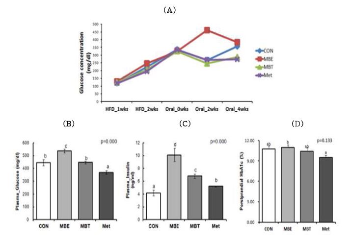 60% High fat diet 섭취와 함께 MBE, MBT를 4주간 경구투여가 KK-Aymice의 혈액의 Glucose(A), Insulin(B) 및 HbA1C(C) 농도에 미치는 영향