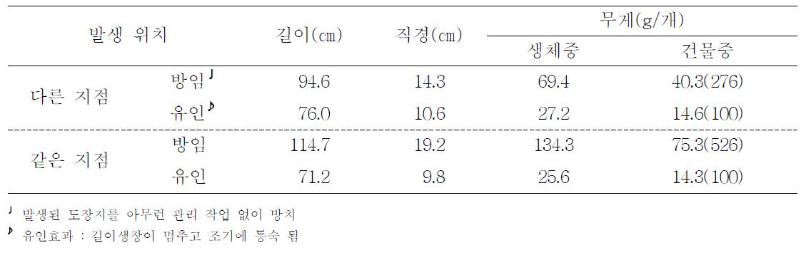 도장지 발생 위치별 유인에 따른 영양생장