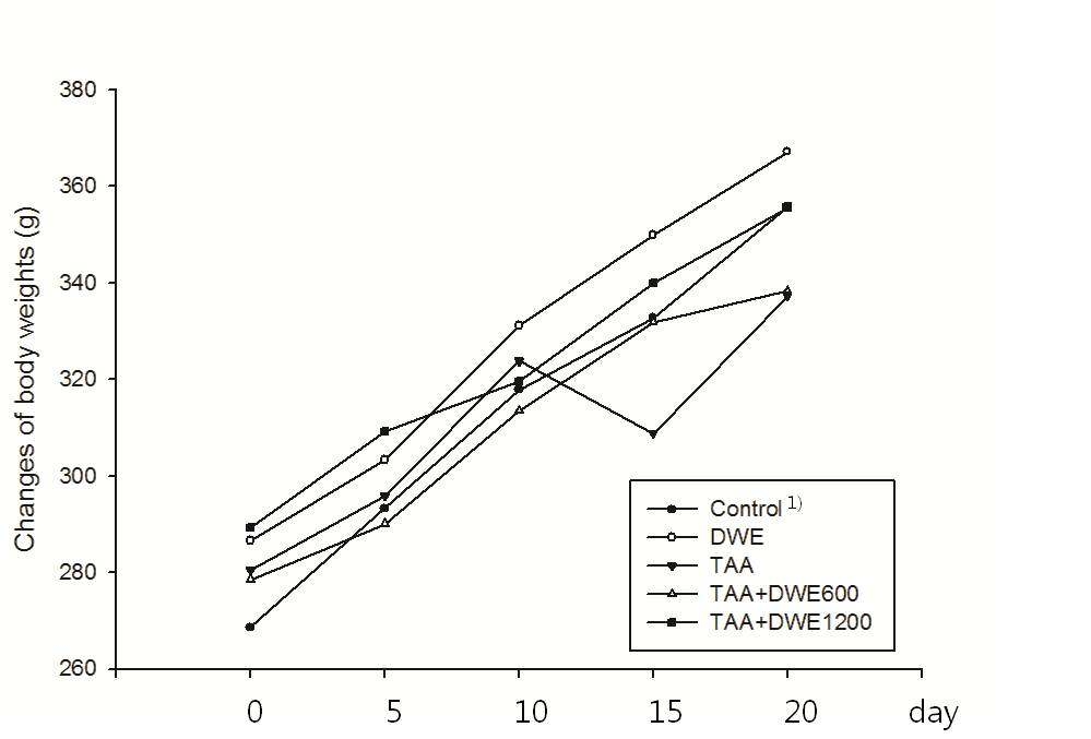 민들레 추출물 장기급여예방효과 실험기간동안 각 군의평균 체중의 변화