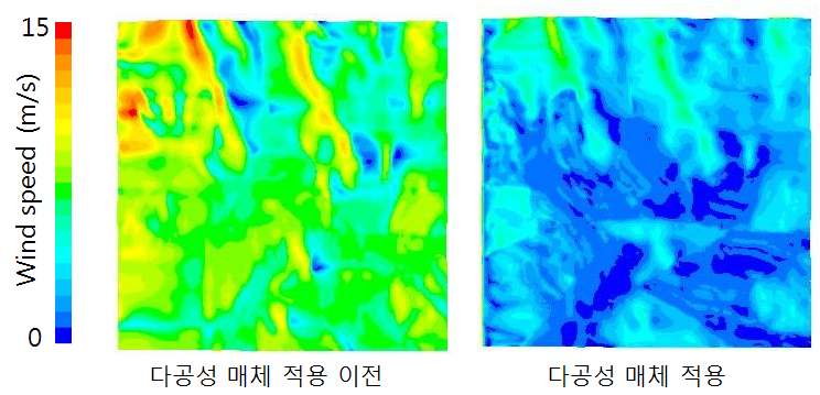 그림 13. 다공성 매체 적용 이전과 이후의 지표에서 5m 높이에서의 풍속 분포 비교