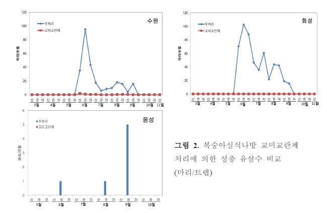 복숭아심식나방 교미교란제 처리에 의한 성충 유살수 비교