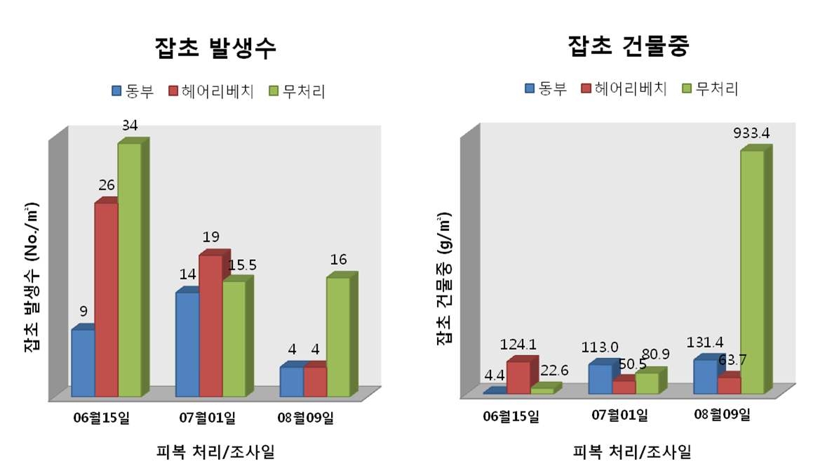 피복작물별 잡초 개체수 및 건물중