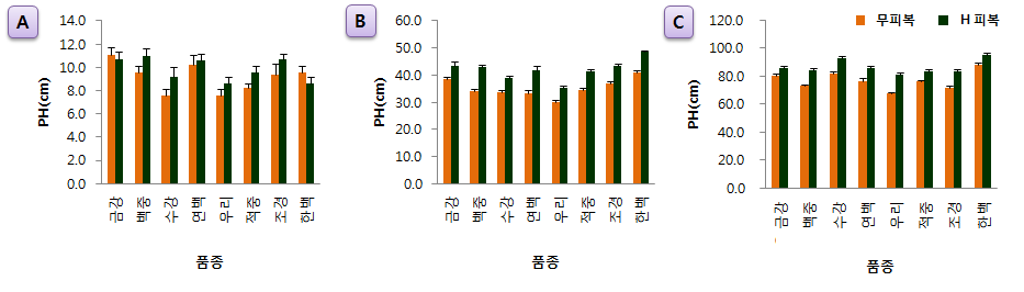 국산밀 8품종의 초장 조사 결과 (A : 2013년 3월 7일, B : 4월 4일, C : 5월 6일)