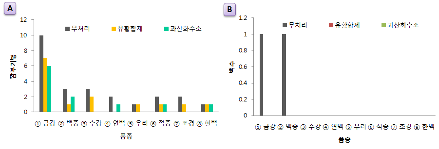 석회유황합제 및 과산화수소 처리에 따른 병해 조사 결과