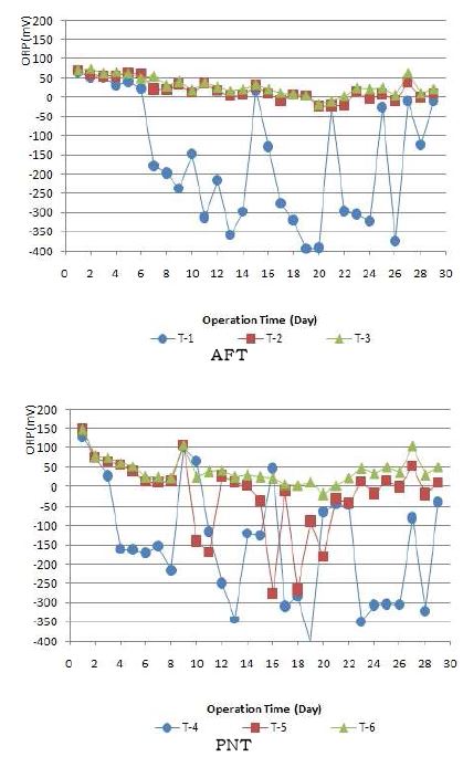 액비 후숙공정 중 알칼리발효(A FT) 및 인산중성화처리구(PNT)의 ORP의 변화