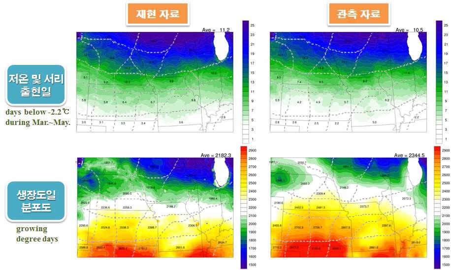 재현결과를 이용한 저온 출현기간 및 생장도일 추정의 예