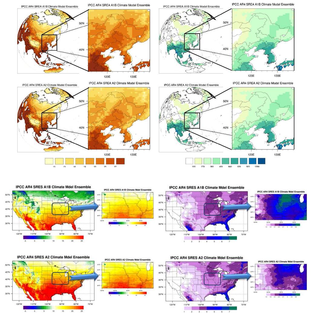 중국지역(상) 및 미국지역(하)의 지표기온(좌), 강수량(우)에 대한 상세기후변화 예측자료