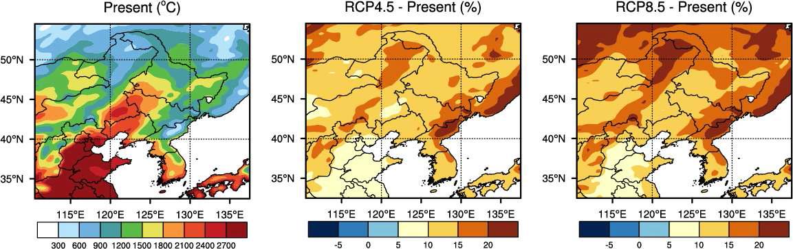 현재기후에 대한 생장도일(℃)과 RCP4.5 및 RCP8.5에 근거한 현재 대비 미래기후의 생장도일의 변화