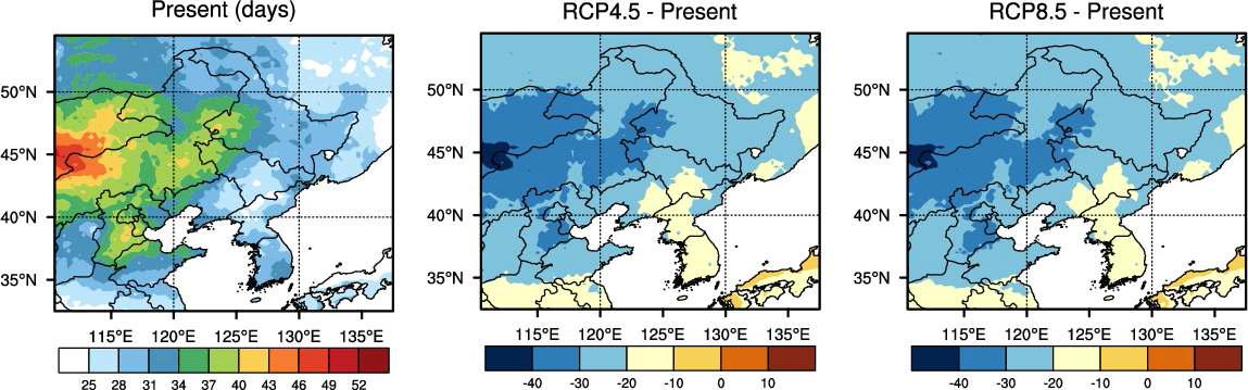 현재기후에 대한 연속건조일수(days)와 RCP4.5 및 RCP8.5에 근거한 현재대비 미래기후의 연속건조일수의 변화