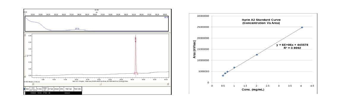 Iturin A2의 농도에 따른 HPLC에서의 면적 그래프(표준 검량곡선)