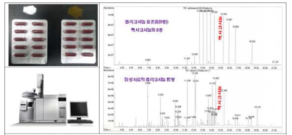 새싹보리 임상시료(캡슐, 좌위), 폴리코사놀 함량 분석기기(GC-MS, 좌아래), 임상시료의 폴리코사놀 함량(우)