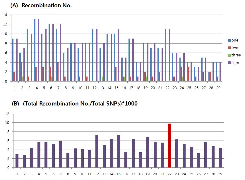 Recombination patterns within chromosomes of 11 offsprings.