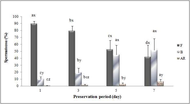 Acrosomal integrity of boar spermatozoa on increasing preservation days with-out antibiotics.