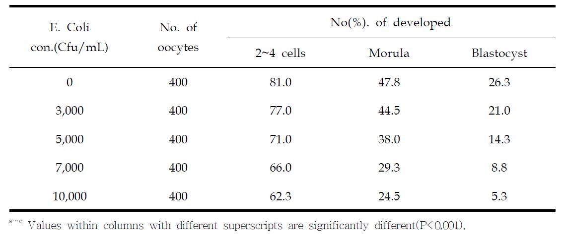 Effects of E. Coli contamination in boar semen on embryonic development of in vitro fertilization at 24h