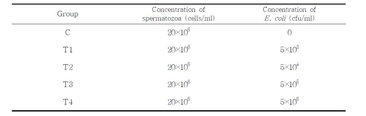 Concentration of spermatozoa and E. coli in the each group