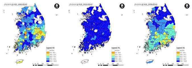 주요 가뭄 발생년의 시군별 저수율