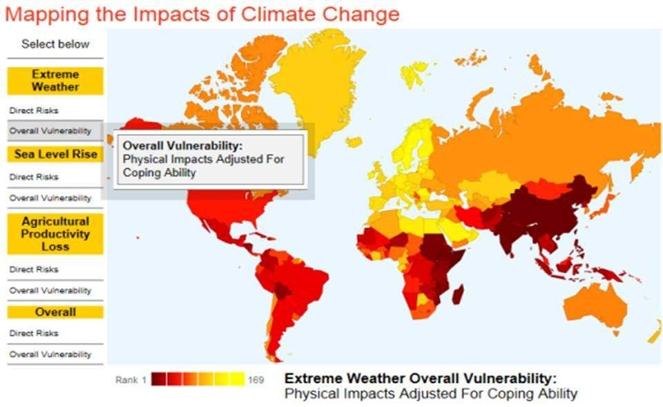 기후변화에 따른 전 세계 국가별 재해 취약성 지도