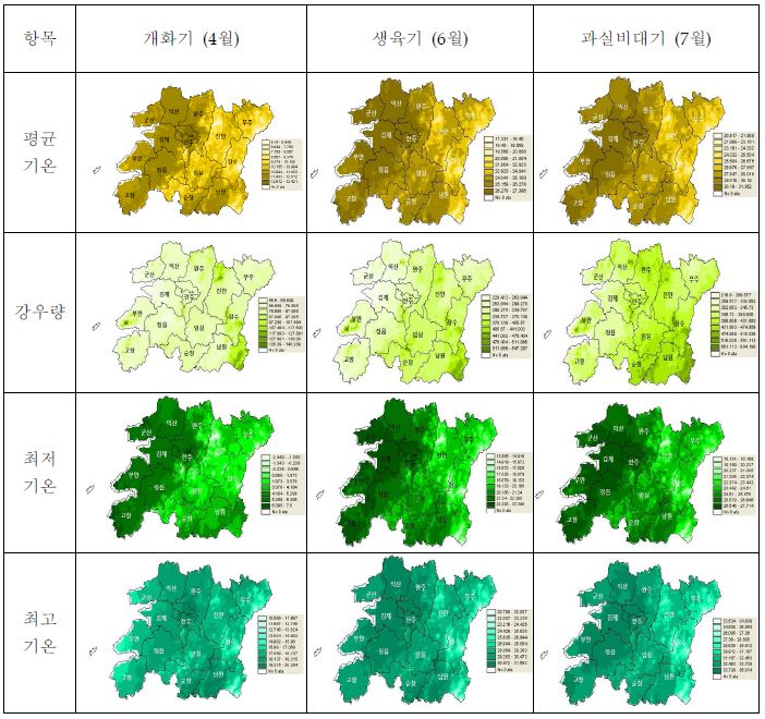 2012년 생육기별 기상에 따른 전자기후도