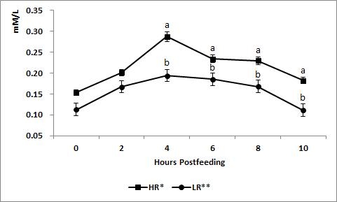 Changes in L-lactic acid concentration in rumen fluid of cows after feeding