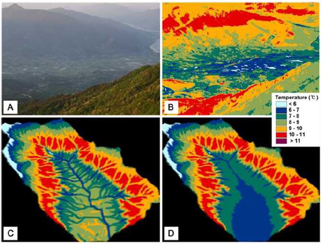 악양면 실사진(A)과 2011sus 5월 17일 0600 LST에 열화상카메라로 촬영한 지면 복사온도(B), 기존모형으로 추정한 동시간대 기온 분포(C) 및 개선된 모형으로 추정한 기온 분포(D).