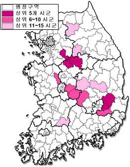 2010년 기준 복숭아 재배지