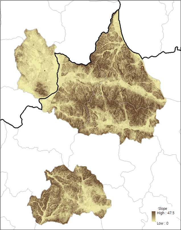 복숭아 주산지 선정지역(5개 읍면)의 경사도(°) 분포