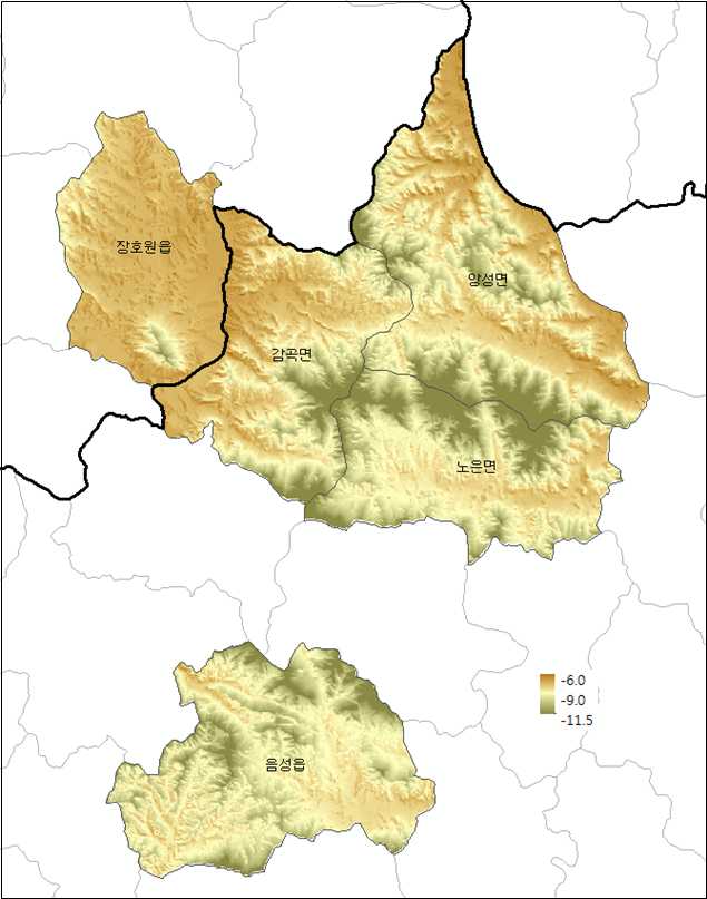 복숭아 주산지 선정지역(5개 읍면)의 2013년 1월 4일의 최고기온(15시 기온) 분포