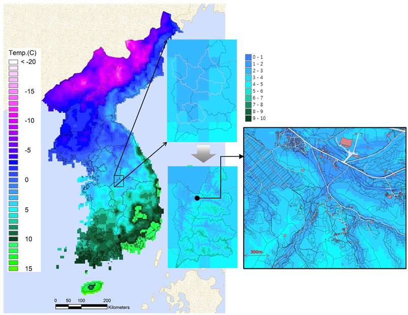 5km 격자해상도의 동네예보 6시 기온으로(좌) 복숭아 주산지에 대해 상세화한 결과(우).