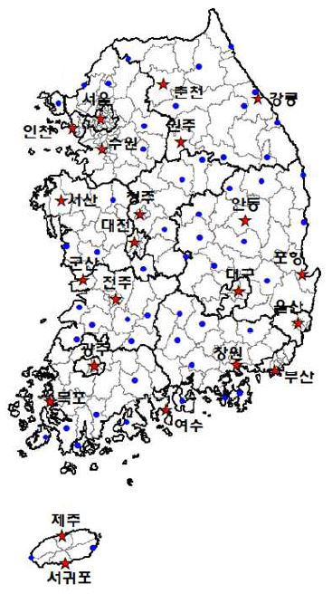 주간예보 지점(붉은별)과 그 외 기상관서지점(파란원). 현재의 중기예보 지점은 세종시가 포함됨.