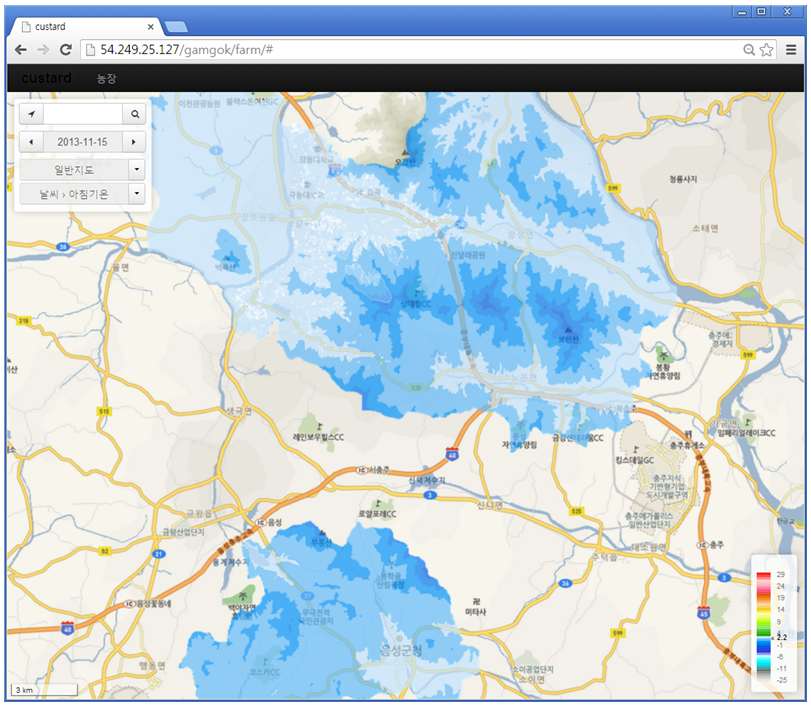 복숭아 주산지 웹 GIS 서비스 화면. 2013년 11월 15일의 최저기온 표출.