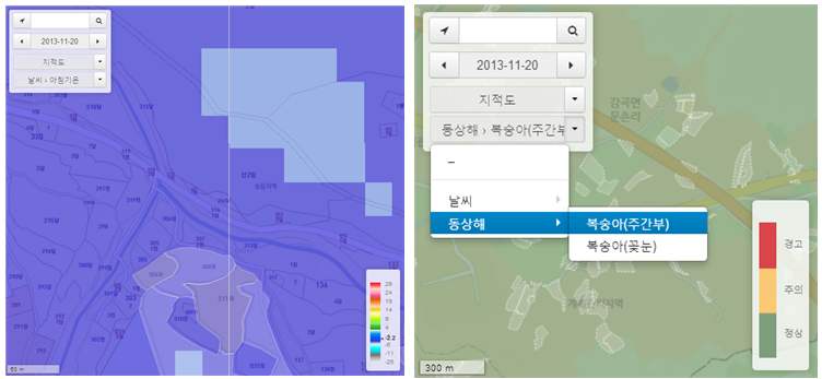 지적도와 중첩한 복숭아 주산지 기온분포(좌)와 동상해 예경보 화면(우)