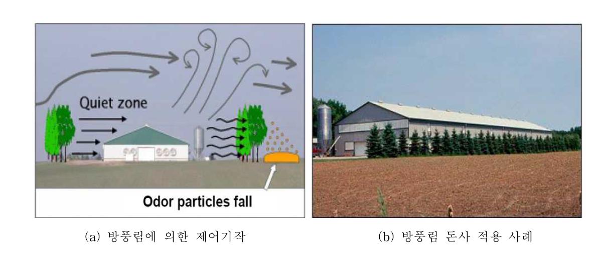 방풍림 설치에 의한 축산 악취 및 분진의 제어기작(a) 및 국외 돈사 적용 사례(b)