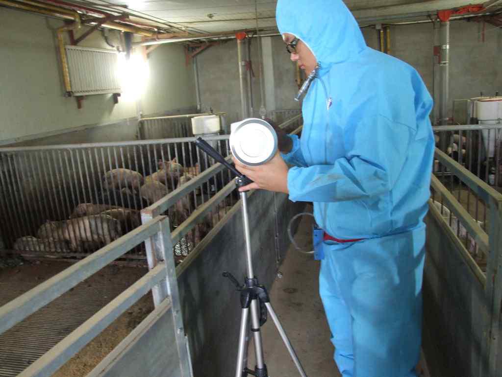 On-site photograph of measurement of airborne microbes in livestock building