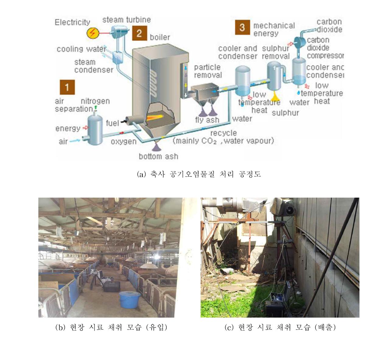 N system의 축사 공기오염물질 처리 기작 개요 및 현장 사진